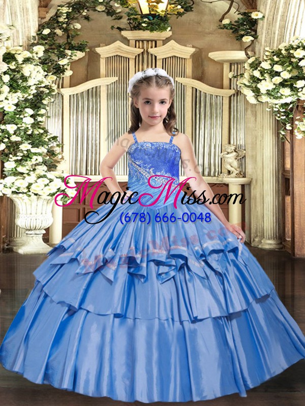 wholesale baby blue lace up kids pageant dress beading and ruffled layers sleeveless floor length