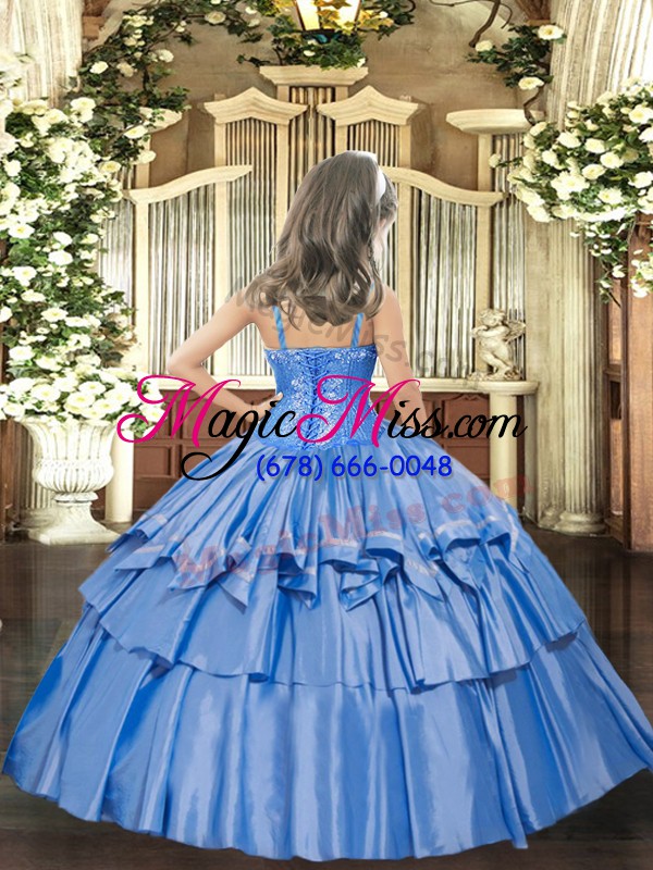 wholesale baby blue lace up kids pageant dress beading and ruffled layers sleeveless floor length