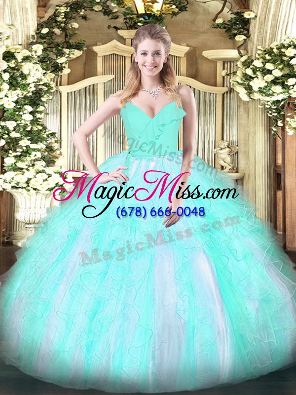 wholesale custom fit sleeveless organza floor length zipper sweet 16 quinceanera dress in aqua blue with ruffles