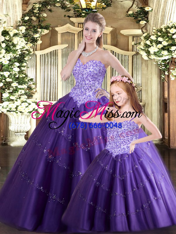 wholesale trendy purple ball gown prom dress military ball and sweet 16 and quinceanera with beading sweetheart sleeveless lace up