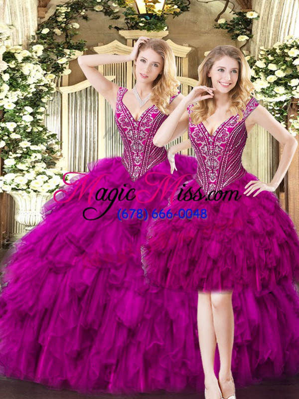 wholesale gorgeous beading and ruffles 15 quinceanera dress fuchsia lace up sleeveless floor length