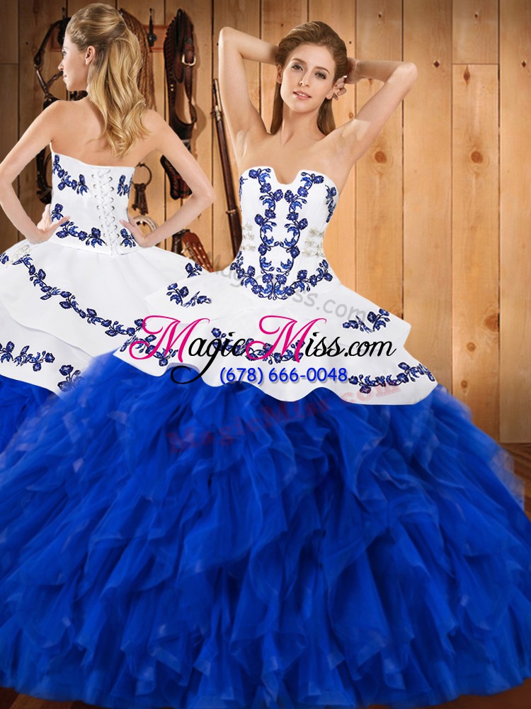 wholesale lovely ball gowns sweet 16 dress blue and white strapless satin and organza sleeveless floor length lace up