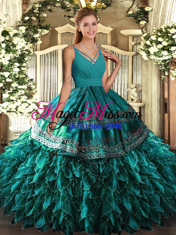 wholesale on sale teal sleeveless floor length beading and ruffles zipper sweet 16 dress