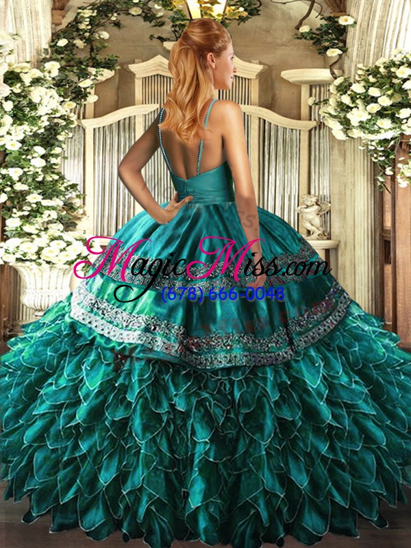 wholesale on sale teal sleeveless floor length beading and ruffles zipper sweet 16 dress