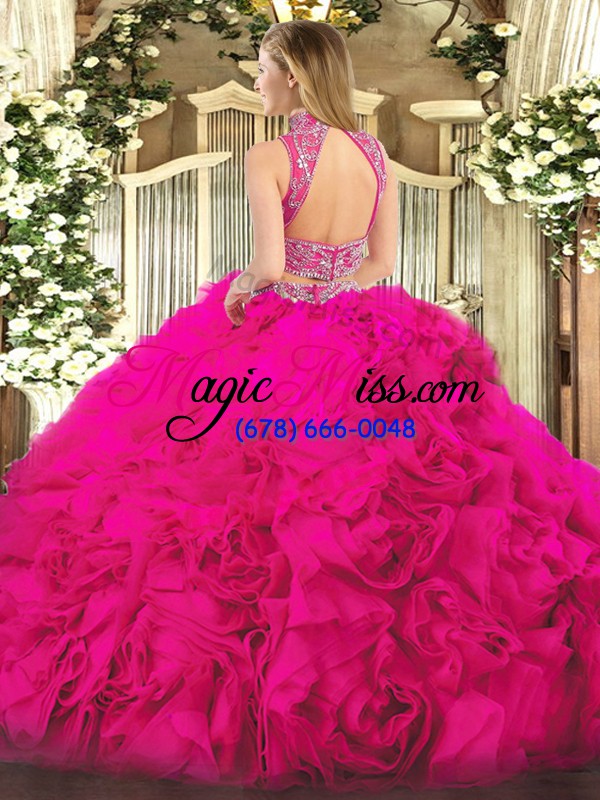 wholesale traditional floor length backless sweet 16 dresses fuchsia for military ball and sweet 16 and quinceanera with beading and ruffles