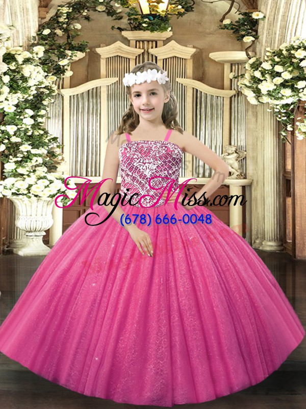 wholesale new style ball gowns little girl pageant gowns hot pink straps tulle sleeveless floor length lace up