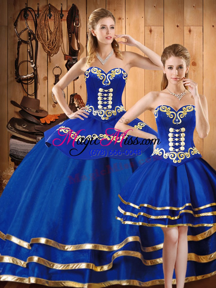 wholesale floor length three pieces sleeveless blue quince ball gowns lace up