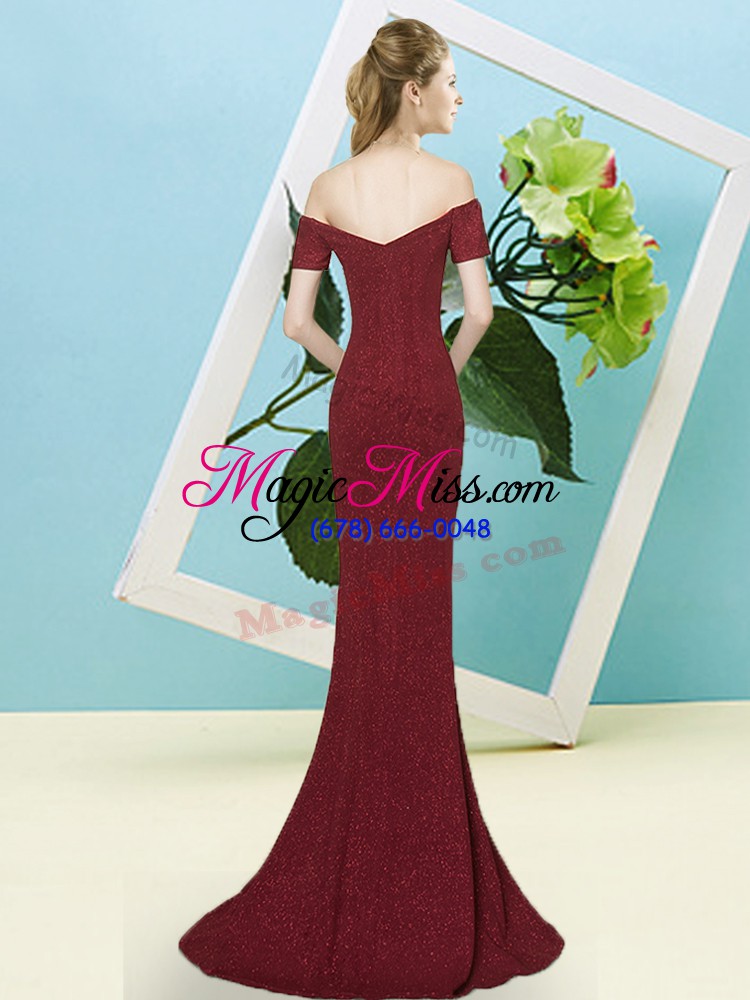 wholesale colorful rust red short sleeves sequined sweep train zipper evening dress for prom and party