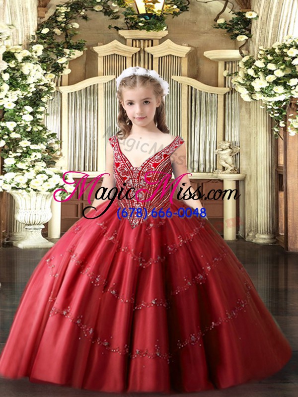 wholesale red pageant dress for girls party and quinceanera with beading and appliques v-neck sleeveless lace up