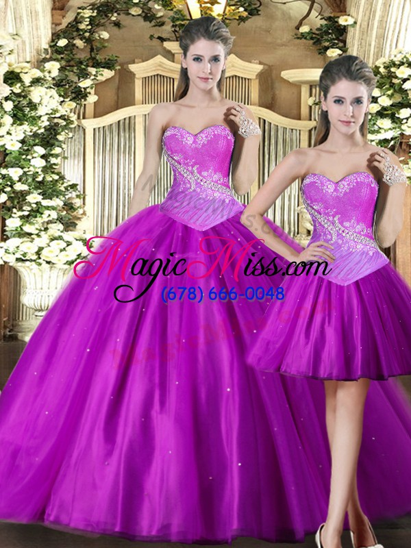 wholesale flare fuchsia tulle lace up sweet 16 dresses sleeveless floor length beading