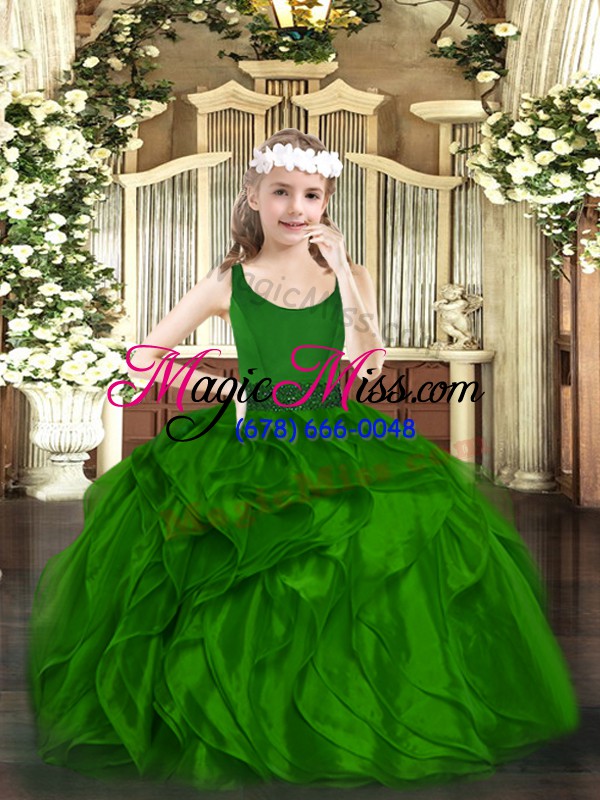 wholesale dark green ball gowns beading and ruffles girls pageant dresses zipper organza sleeveless floor length