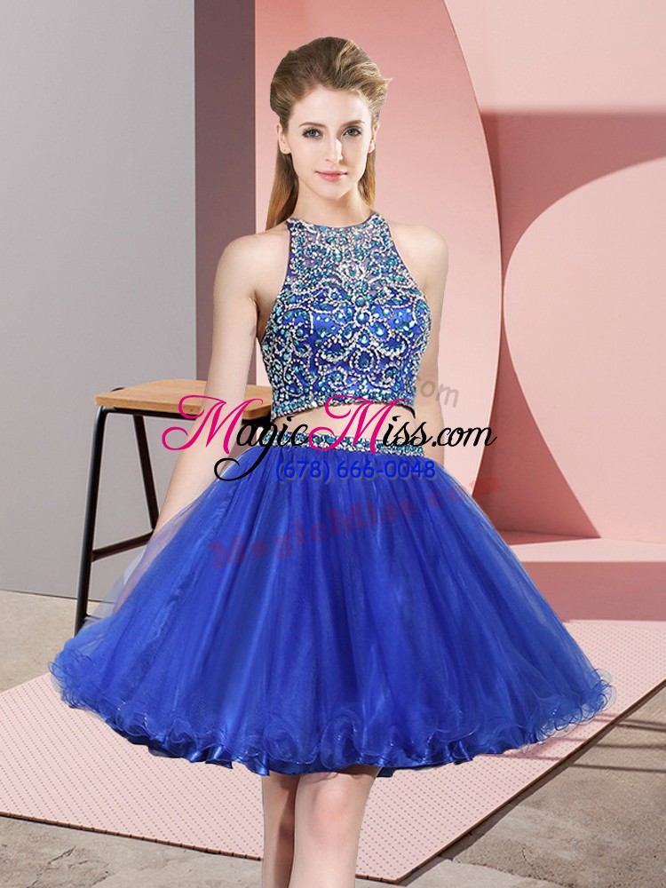 wholesale modern two pieces quinceanera court dresses royal blue scoop tulle sleeveless mini length backless