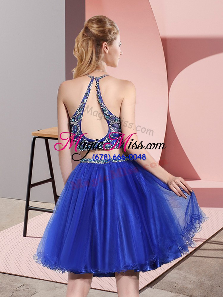 wholesale modern two pieces quinceanera court dresses royal blue scoop tulle sleeveless mini length backless