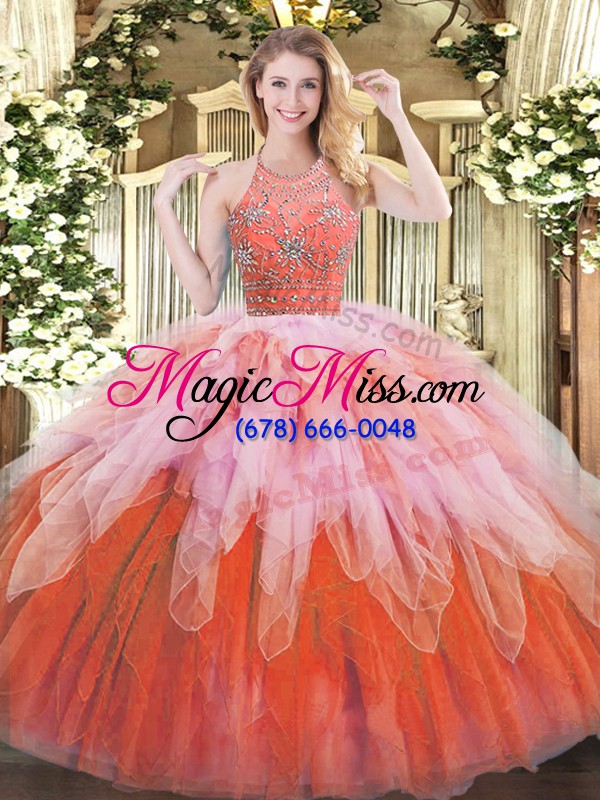 wholesale multi-color ball gowns halter top sleeveless tulle floor length zipper beading and ruffles quinceanera dress