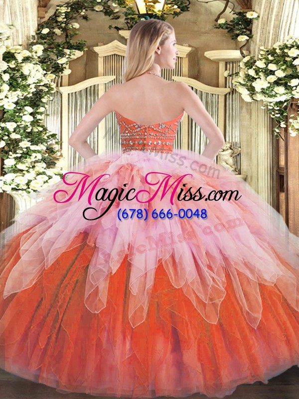 wholesale multi-color ball gowns halter top sleeveless tulle floor length zipper beading and ruffles quinceanera dress