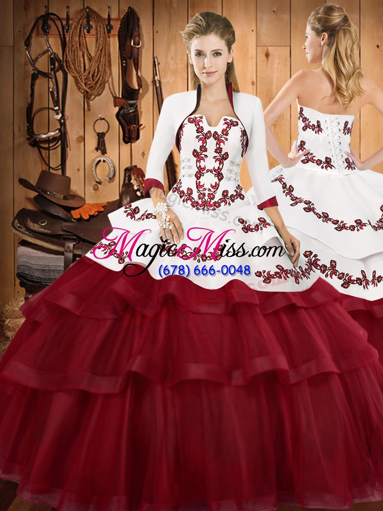 wholesale custom fit burgundy ball gowns lace strapless sleeveless embroidery and ruffled layers lace up sweet 16 dresses sweep train