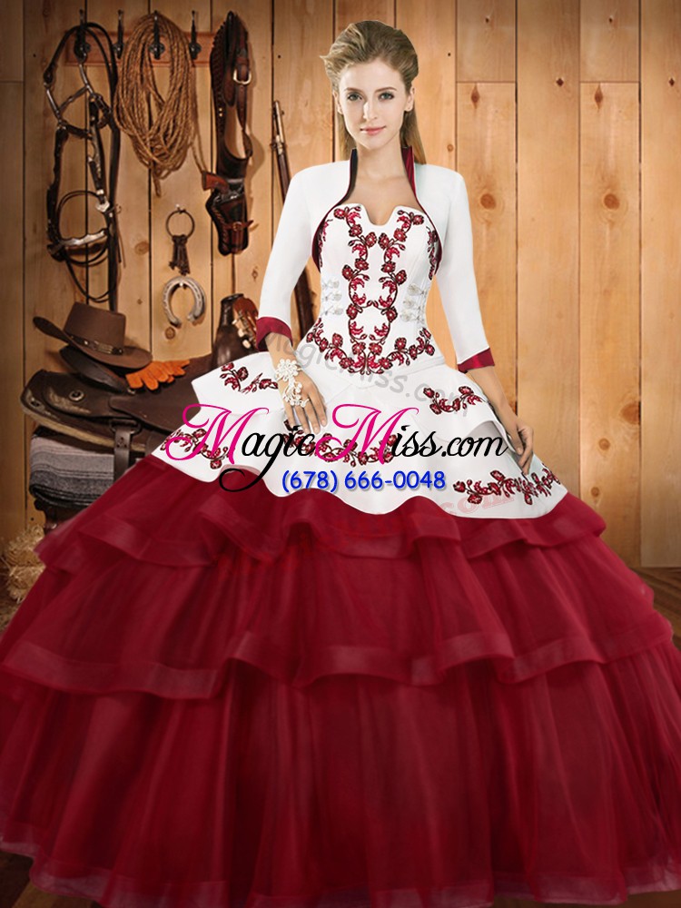 wholesale custom fit burgundy ball gowns lace strapless sleeveless embroidery and ruffled layers lace up sweet 16 dresses sweep train