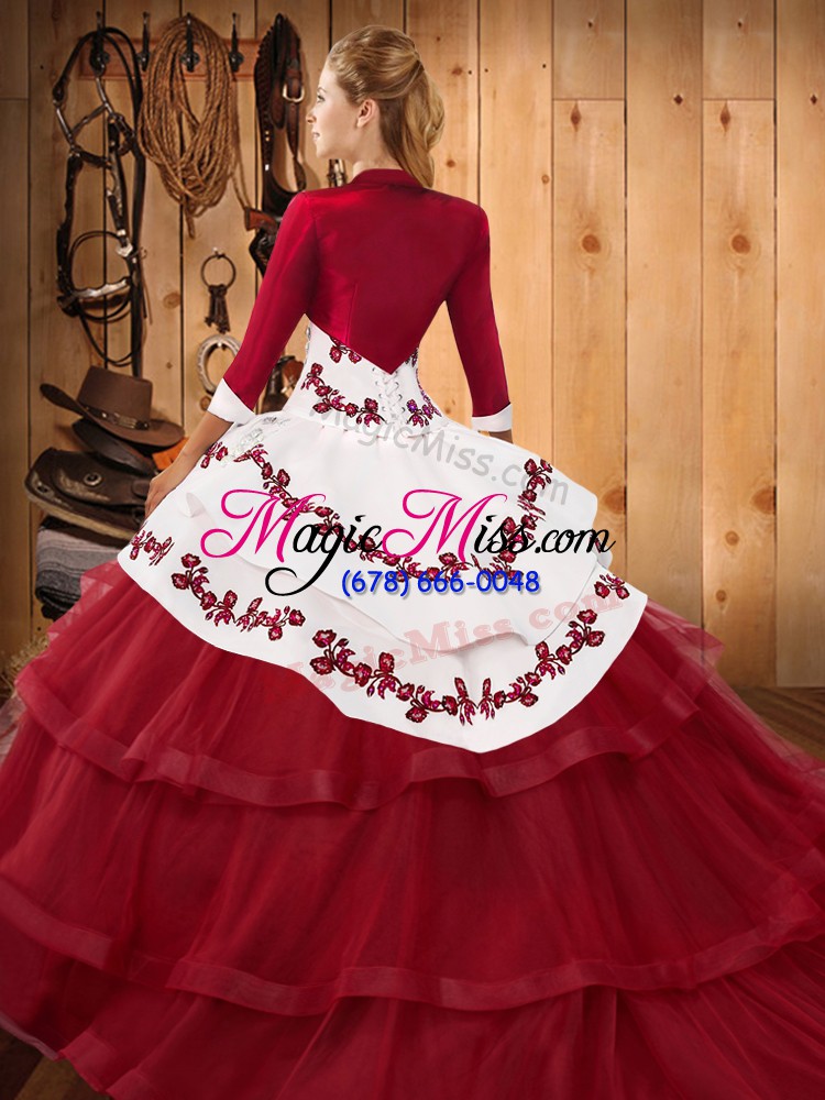 wholesale custom fit burgundy ball gowns lace strapless sleeveless embroidery and ruffled layers lace up sweet 16 dresses sweep train