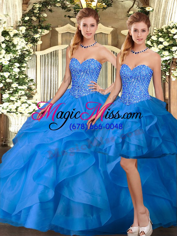 wholesale chic organza sweetheart sleeveless lace up beading and ruffles sweet 16 quinceanera dress in blue