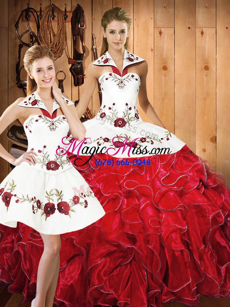 wholesale white and red lace up quinceanera gown embroidery and ruffles sleeveless floor length