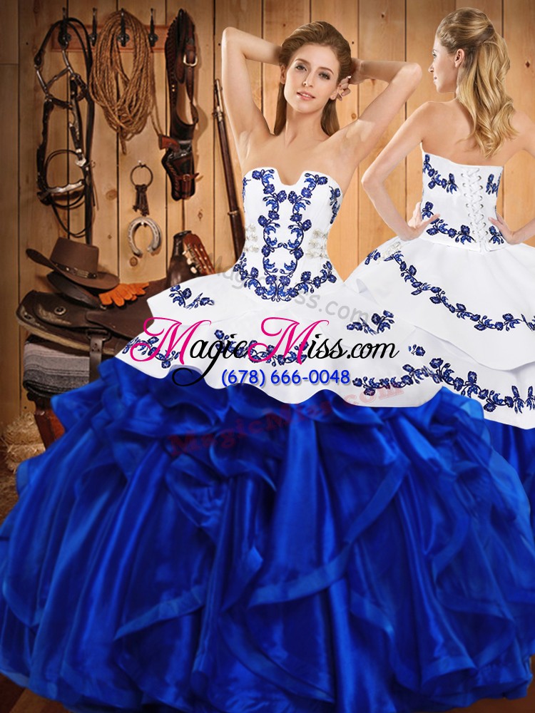 wholesale artistic strapless sleeveless sweet 16 dress floor length embroidery and ruffles blue satin and organza