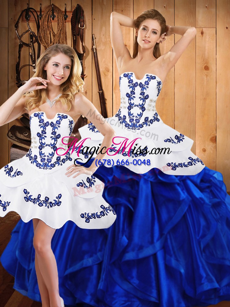 wholesale artistic strapless sleeveless sweet 16 dress floor length embroidery and ruffles blue satin and organza