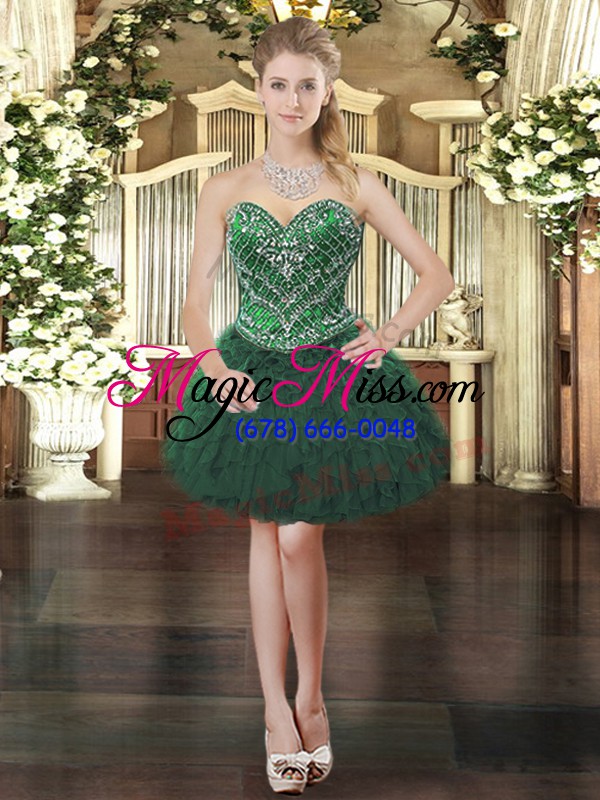 wholesale chic floor length dark green sweet 16 dresses tulle sleeveless beading and ruffles