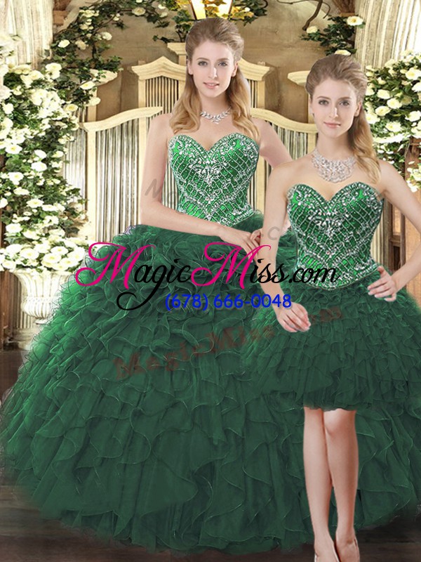 wholesale chic floor length dark green sweet 16 dresses tulle sleeveless beading and ruffles