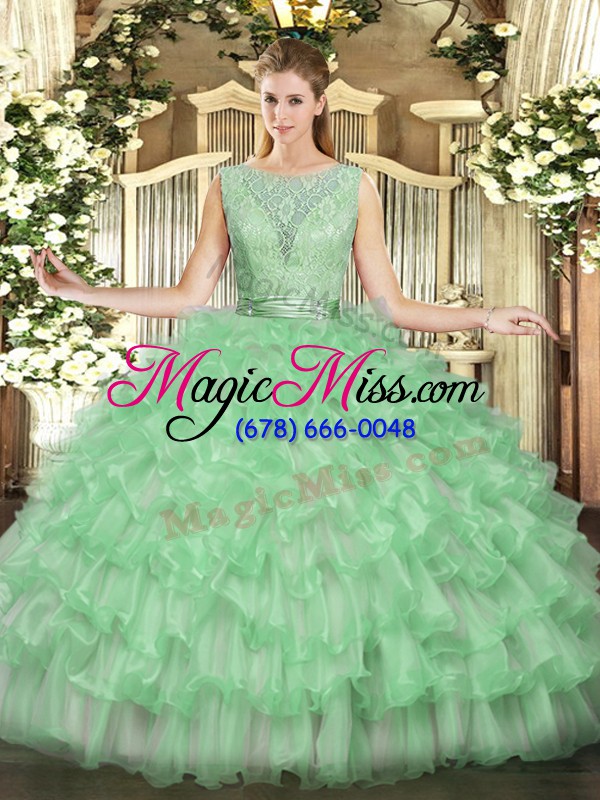 wholesale fashion apple green sleeveless floor length beading and ruffled layers backless quinceanera gown