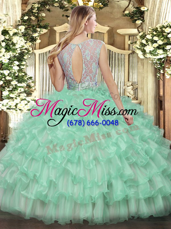 wholesale fashion apple green sleeveless floor length beading and ruffled layers backless quinceanera gown