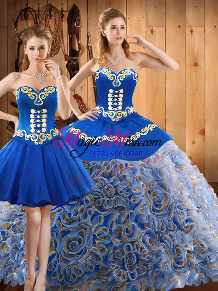 wholesale trendy multi-color three pieces sweetheart sleeveless satin and fabric with rolling flowers with train sweep train lace up embroidery sweet 16 quinceanera dress