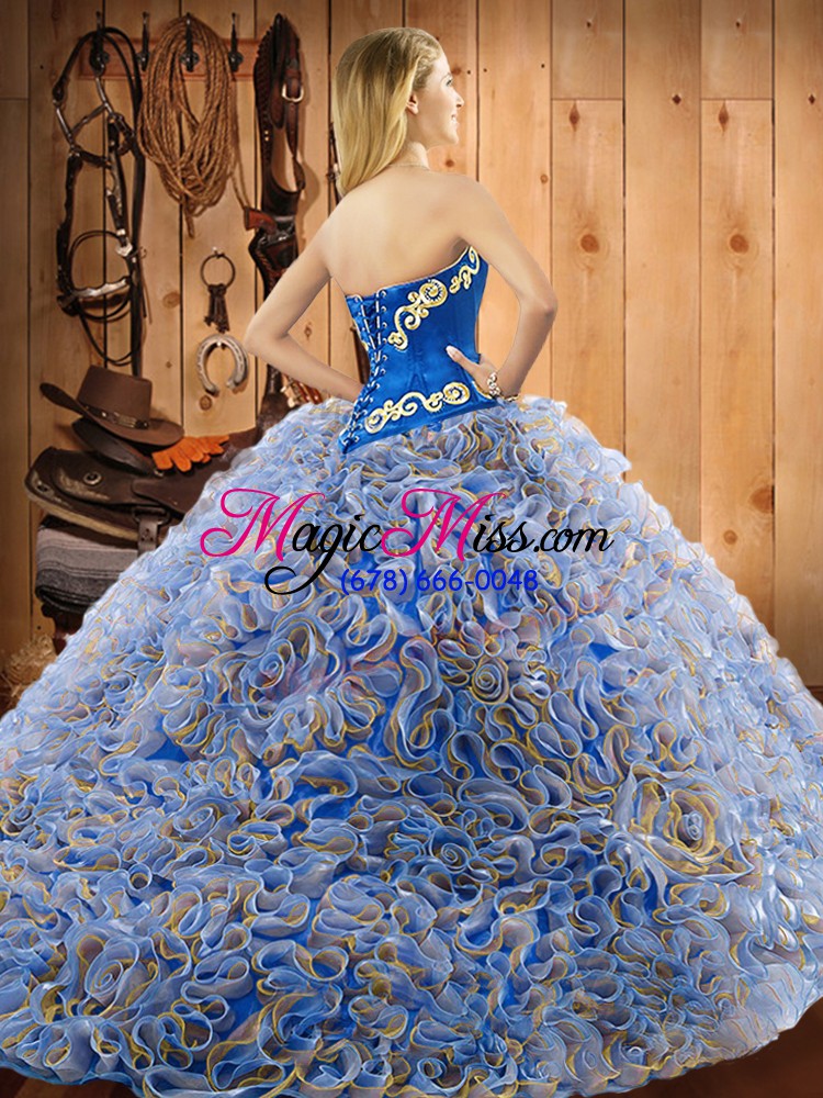 wholesale extravagant multi-color lace up ball gown prom dress embroidery sleeveless with train sweep train