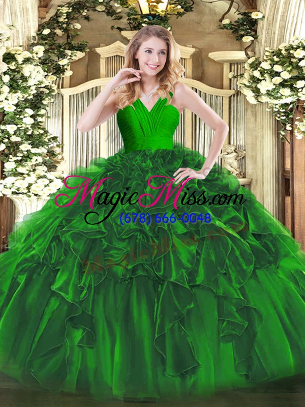 wholesale top selling v-neck sleeveless zipper ball gown prom dress dark green organza