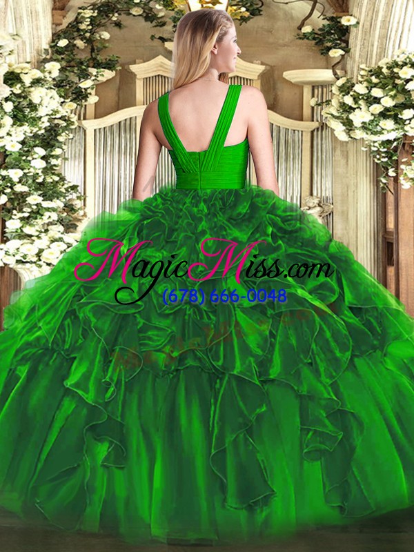 wholesale top selling v-neck sleeveless zipper ball gown prom dress dark green organza