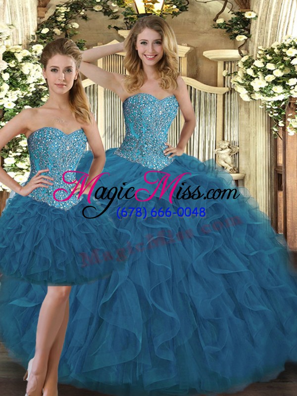 wholesale tulle sleeveless floor length quinceanera dresses and beading and ruffles