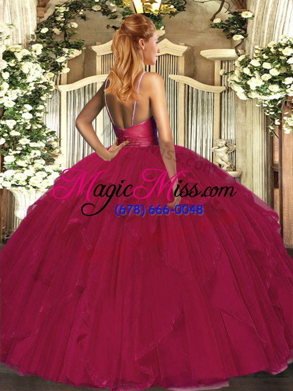 wholesale super organza v-neck sleeveless backless ruffles quinceanera gown in fuchsia