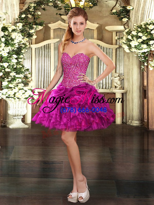 wholesale pretty fuchsia sleeveless floor length beading and ruffles lace up 15th birthday dress