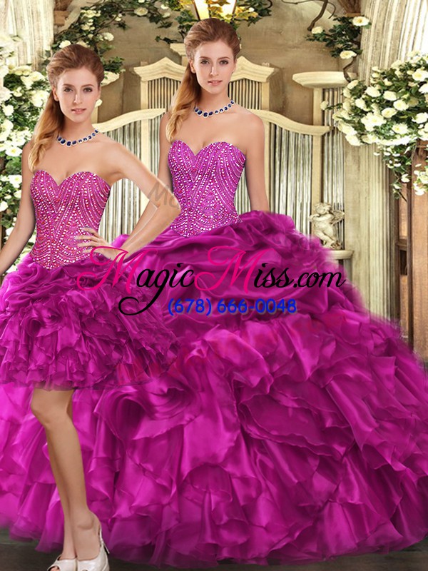 wholesale pretty fuchsia sleeveless floor length beading and ruffles lace up 15th birthday dress