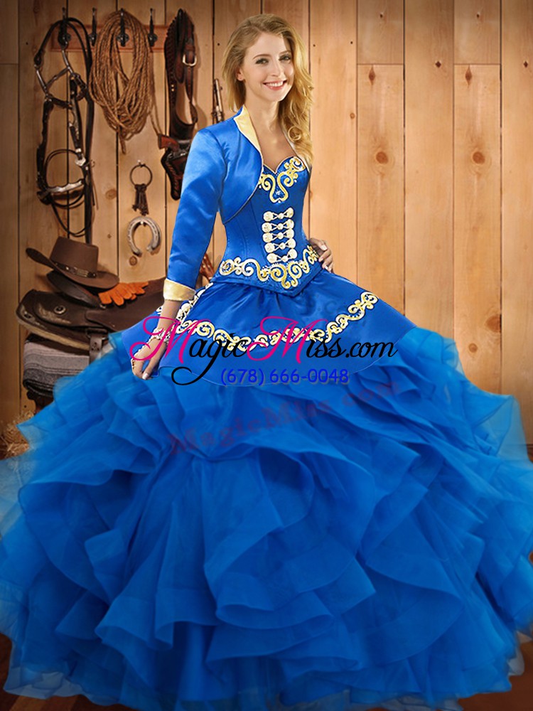 wholesale fine sleeveless embroidery and ruffles lace up quince ball gowns