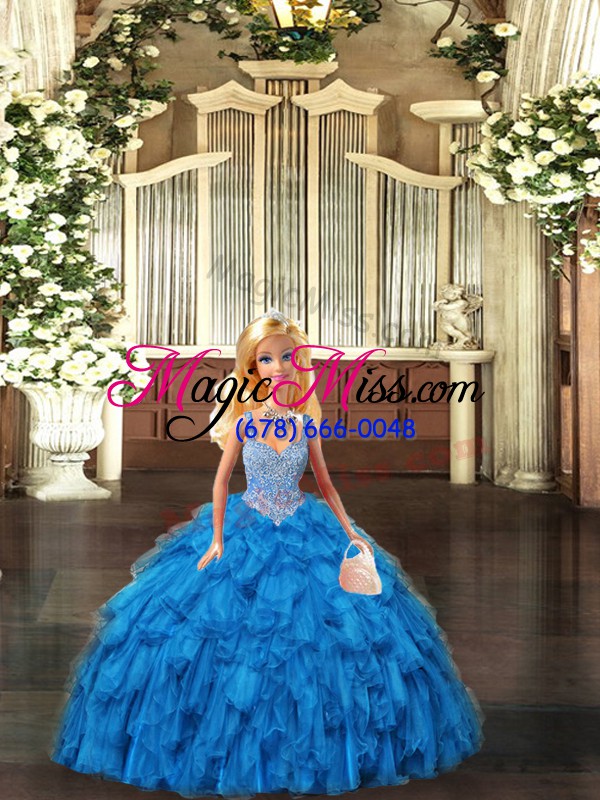 wholesale teal tulle lace up sweet 16 dress sleeveless floor length beading and ruffles