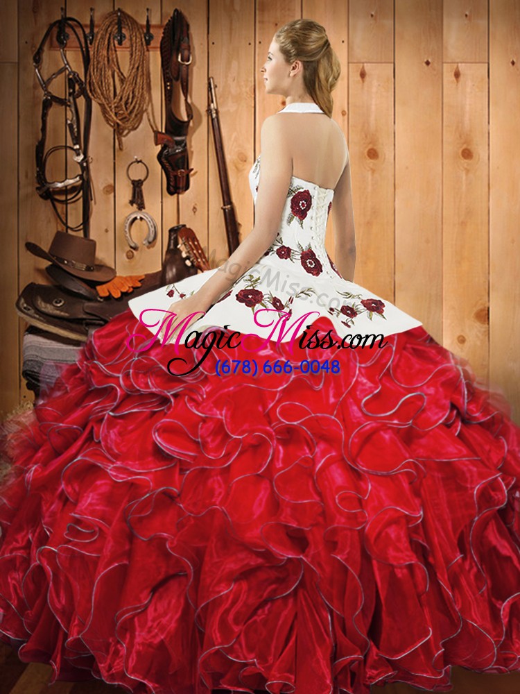 wholesale unique fuchsia satin and organza lace up halter top sleeveless floor length vestidos de quinceanera embroidery and ruffles