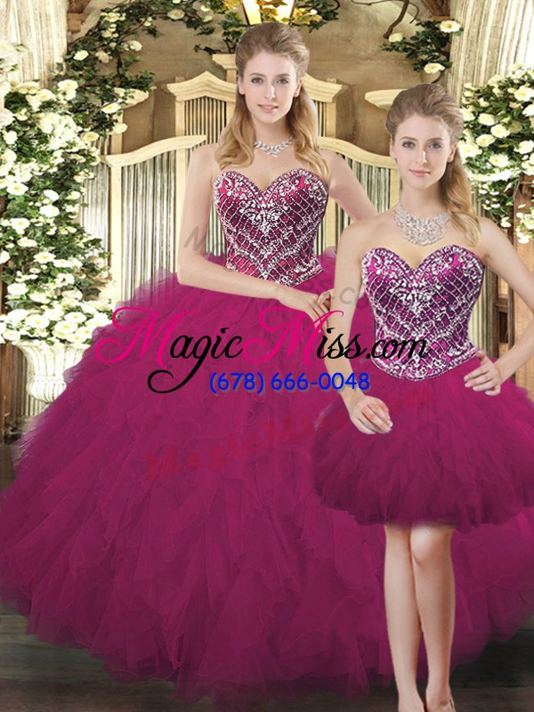 wholesale best fuchsia organza lace up sweetheart sleeveless floor length quinceanera gowns beading and ruffles