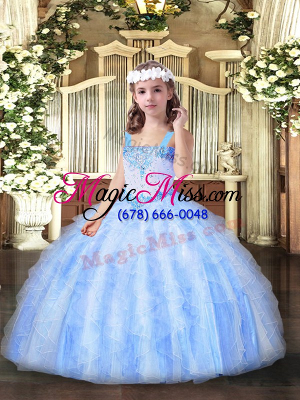 wholesale fantastic light blue lace up pageant dress for teens beading and ruffles sleeveless floor length