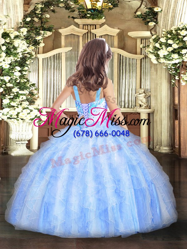 wholesale fantastic light blue lace up pageant dress for teens beading and ruffles sleeveless floor length