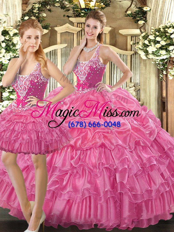 wholesale hot pink straps lace up beading and ruffles and pick ups quince ball gowns sleeveless