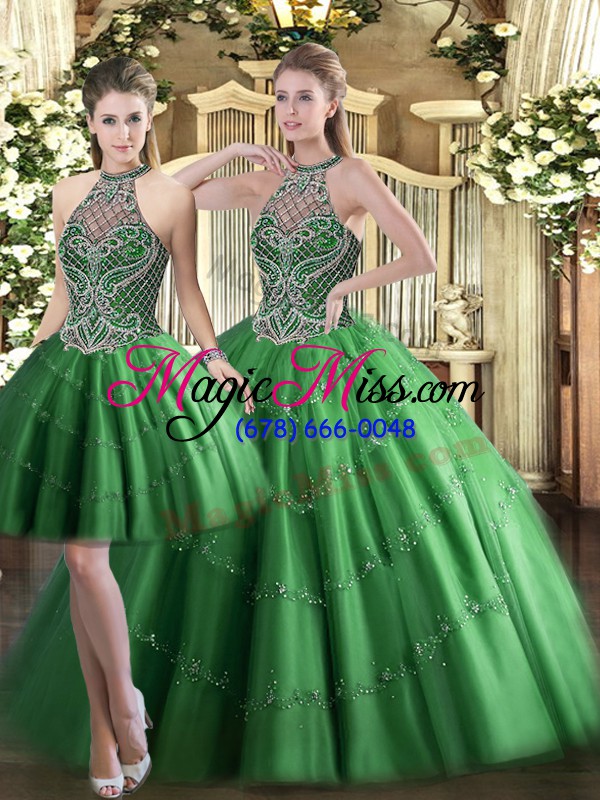 wholesale green sleeveless beading floor length ball gown prom dress