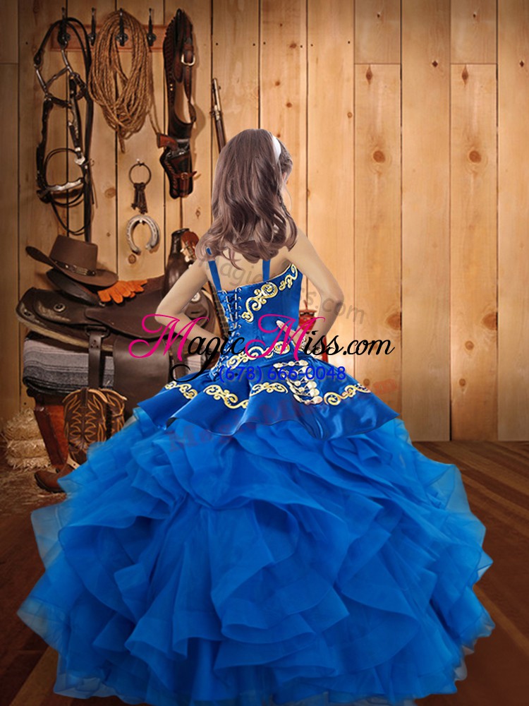 wholesale royal blue ball gowns organza straps sleeveless embroidery and ruffles floor length lace up little girl pageant gowns