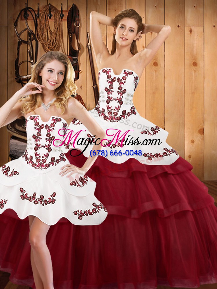 wholesale burgundy ball gowns embroidery and ruffled layers quinceanera dress lace up tulle sleeveless