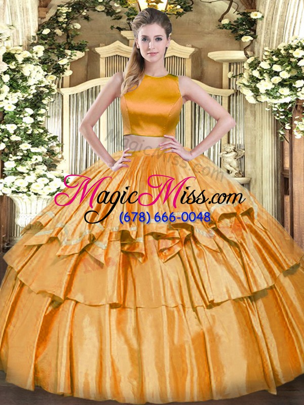 wholesale exceptional orange sweet 16 dresses military ball and sweet 16 and quinceanera with ruffled layers high-neck sleeveless criss cross