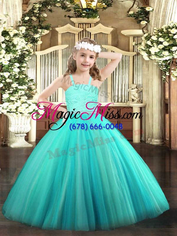 wholesale charming turquoise straps zipper beading and lace pageant gowns for girls sleeveless